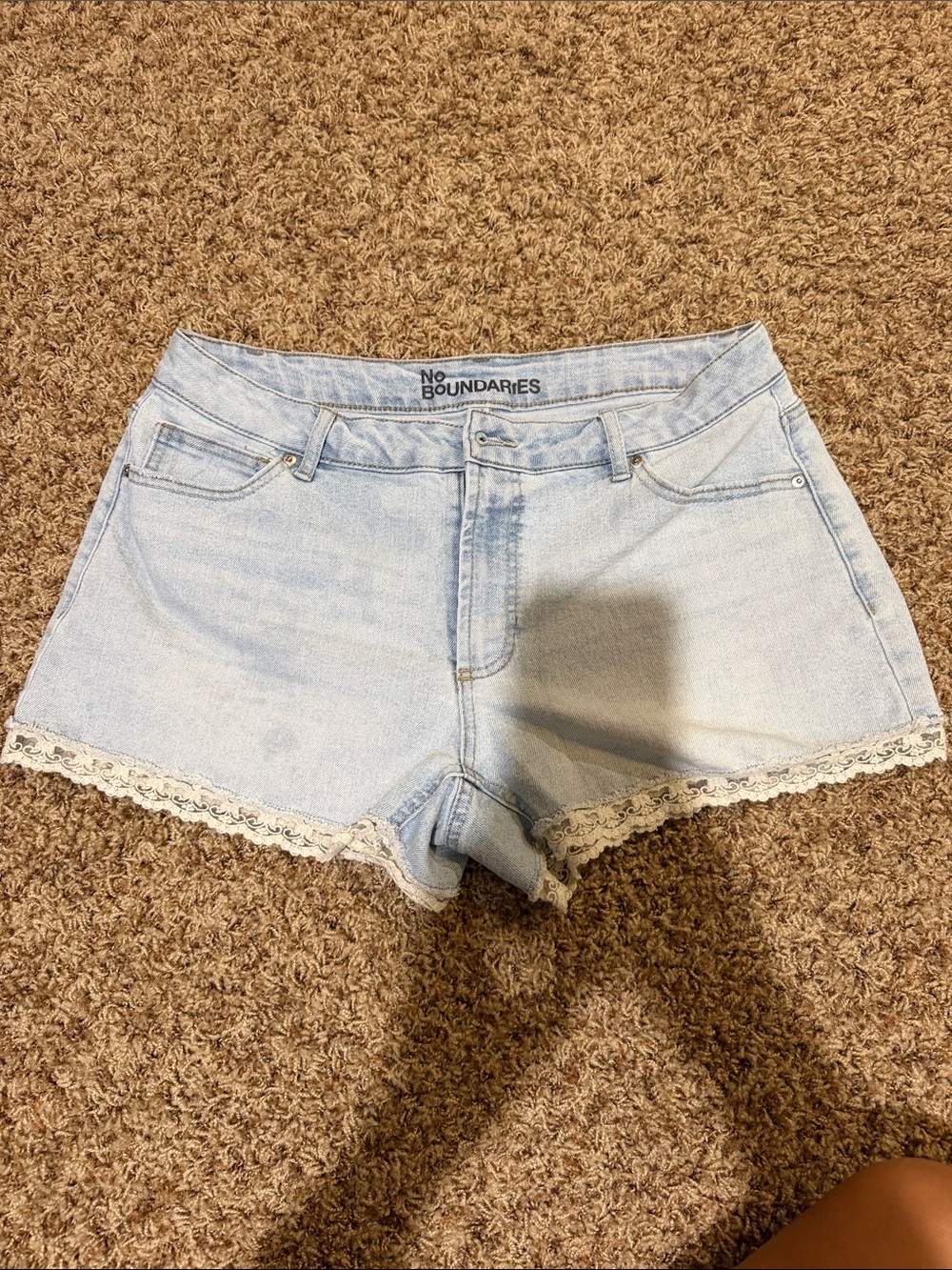 No Boundaries Light Blue Denim Shorts with Lace Hem